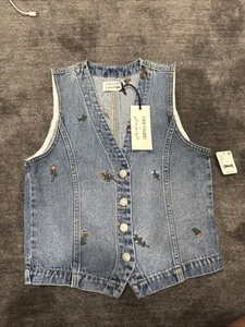 Free People X Driftwood Jeansweste mit Blumenstickerei Neu mit Etikett Größe S - Bild 1 von 8