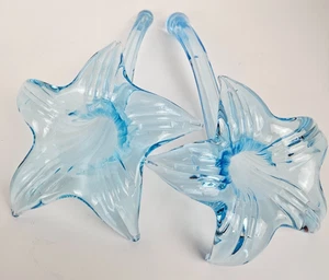 Set of 2 Vintage Hand Blown Art Glass Flower Long Stem Clear Blue Hue 10" Long - Picture 1 of 8
