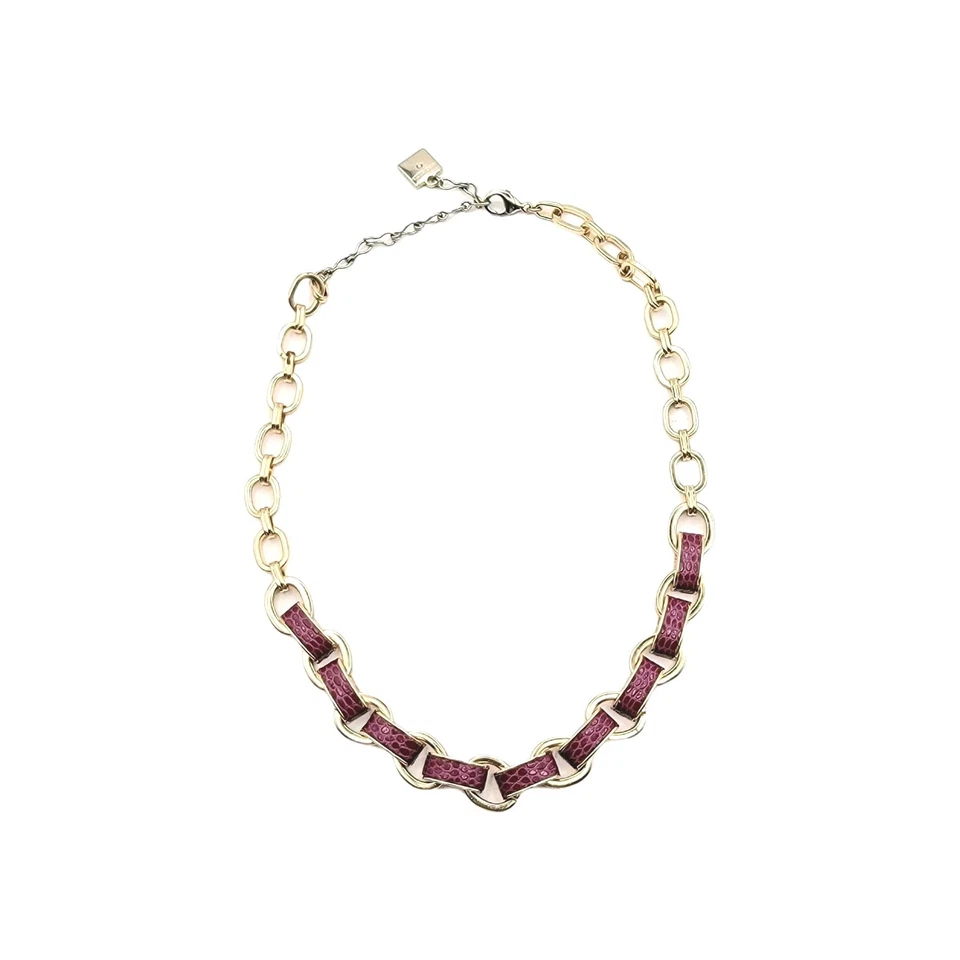 Gargantilha de corrente Anne Klein tom dourado couro borgonha robusto colar vintage - Imagem 1 de 4