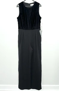 Nuevo Mono Nuevo con Etiquetas $158 ELIZA J Talla 10 Una Pieza Terciopelo y Crepé Pierna Ancha Negro - Imagen 1 de 5