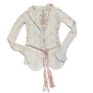 Free People Belted Braid Cardigan Sweater Chunky Open Knit Pastel CottageCore XS - Picture 1 of 10