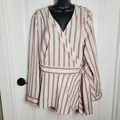 Top Lane Bryant 18 Crema Rayas Imitación Envolvente Cuello Elástico Trabajo Carrera Y2K Foto 1 de 4