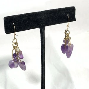 Purple Amethyst Chip Gold Dangle Earrings Pierced Hook 5 Stone Cluster - Picture 1 of 6