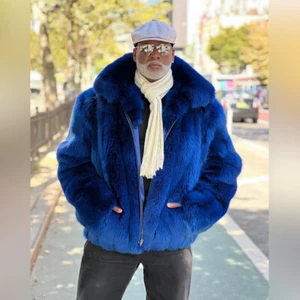Men Natural Fox Fur Coat Overcoat Winter Warm Real Fur Lapel Outerwear Full Pelt - Picture 1 of 14