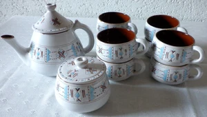 Kaffee Tee Service 8 Tassen Kanne Zuckerdose Marokko Handarbeit weiß blau braun - Bild 1 von 24