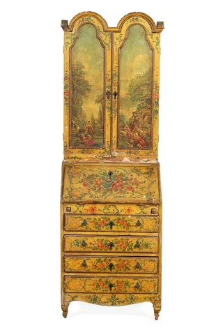 Antique Secretary /Bookcase Italian Yellow Foliate, Polychrome, Painted, Figural Cover