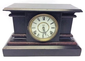 E Ingraham Black Mantle Shelf Clock Wooden Wood Vintage Used Pendulum Key  - Picture 1 of 12