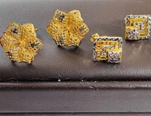 21K 875 Fine Real Gold Flower Earring & 22K Rectangle Earring 5.6g Set of Two - Picture 1 of 24