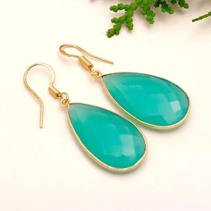 Aqua  Chalcedony Gemstone Drop Handmade 925 Sterling Silver Earring Jewelry 1.5" - Picture 1 of 6