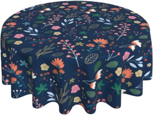 Spring Summer Floral Tablecloth round 60 Inch Farmhouse Navy Blue Background - Picture 1 of 12