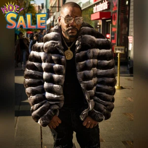 Men's Real Rex Rabbit Fur Bomber Jacket Winter Natural Chinchilla Coat Outerwear - Picture 1 of 8