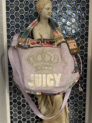 Cartera Royal Juicy Couture púrpura con correas a cuadros corona bandolera rosa vintage Foto 1 de 4