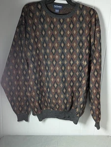 Paul Fredrick Geo VTG Sweater Men Sz XL Brown Merino Wool Cosby Diamond Print - Picture 1 of 6