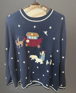 Suéter De Colección CJ Banks Bordado a Mano Para Mujer Talla 2XL Vacaciones Papá Noel Azul Marino Blanco - Imagen 1 de 6