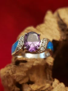 Anello in argento sterling 925 con ametista e opale di fuoco blu intarsiato - misura 6,5 - Foto 1 di 13