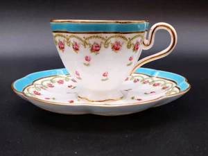 Antique George Jones & Sons Demitasse CUP & SAUCER Blue Band Pink Roses 16605 - Picture 1 of 21