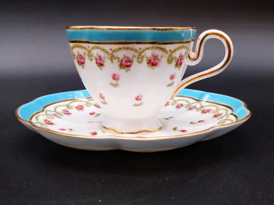 Antique George Jones & Sons Demitasse CUP & SAUCER Blue Band Pink Roses 16605 - Image 1 of 4