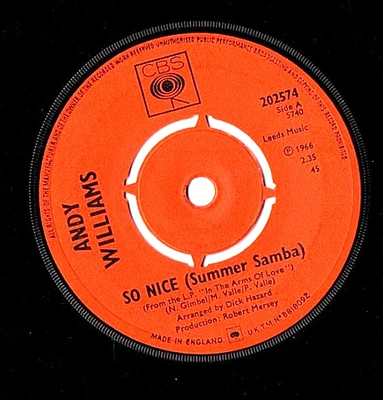 ❤️ Andy Williams - So Nice (Summer Samba)   ❤️  1966 Vinyl 7" single - Image 1 of 2