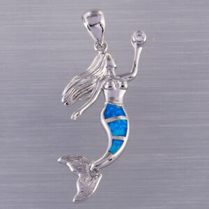 Mermaid Ocean Blue Fire Opal CZ Silver Jewelry Necklace Pendant