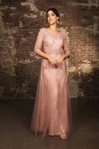 Womens Dresses For Formal Prom Long Boat Neck 3/4 Sleeves A-Line Plus Size - Picture 1 of 39