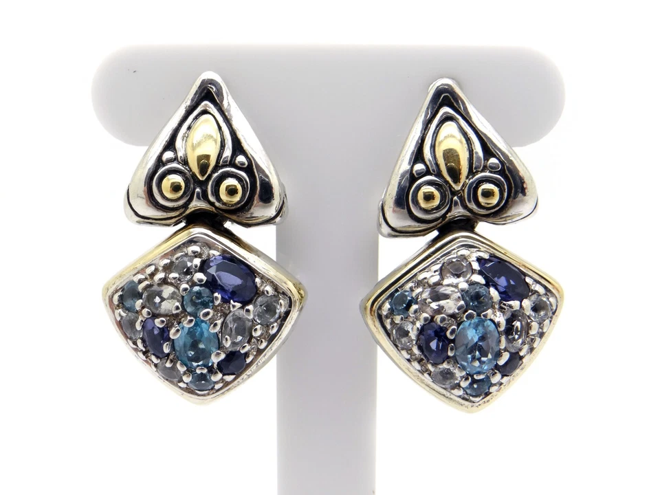 Pendientes colgantes John Hardy Jaisalmer plata oro amarillo 18k topacio zafiro Foto 1 de 4
