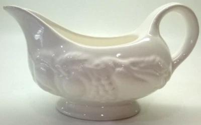 Classic White Ceramic Gravy Boat w/ Embossed Fruit Design, Country, Dinner - Image 1 of 4