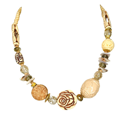 VETEMENTS Collana di Perline Costiera Perline Ceramica Grosse Tono Oro Crema Sabbia Marrone 18”