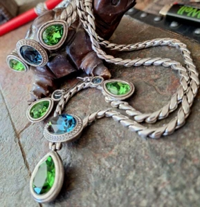 BRIGHTON💎 EMERALD ISLE GREEN BLUE SWAROVSKI CRYSTAL SLVR BRACELET - Picture 1 of 21