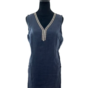 Lina Tomei Womens Italian Linen Sheath Dress Medium Navy Blue Beaded Sleeveless - Picture 1 of 8