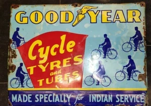 VINTAGE ORIGINAL PORCELAIN ENAMEL SIGN GOOD YEAR CYCLE TYRE GRAPHIC SIGN 1940 - Picture 1 of 7