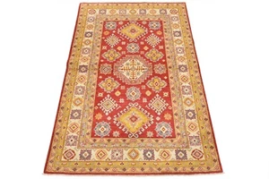 Geometric Kazak 4’1” x 5’11” Red Wool Hand-Knotted Oriental Rug - Picture 1 of 13