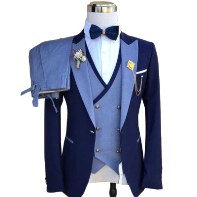 Business Men Suits Slim Fit Single Breasted Formal Prom Double Vents Peak Lapel - Image 1 of 4