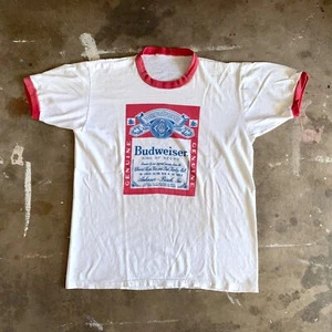70s VINTAGE BUDWEISER BEER RINGER T-SHIRT MEN SZ M DISTRESSED THIN BUD LIGHT 80s - Picture 1 of 7