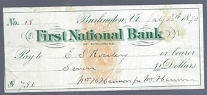 Cheque bancario RN-B1 First National Bank, VT Burlington, 1870 - Imagen 1 de 2
