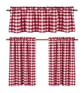 Candy Apple Red & White Country Checkered Plaid Kitchen Tier Curtain Valance Set - Picture 1 of 2