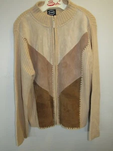 Studio Works Leather Front Panel Patched Zip Up Sweater Women's Large EUC - Picture 1 of 8