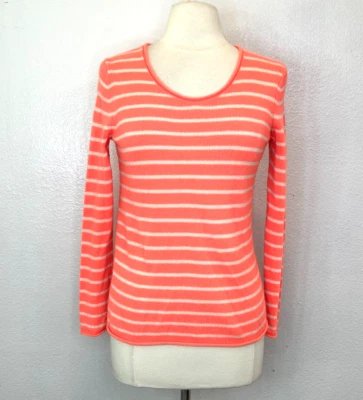 UNIQLO Neon Orange w Beige Stripes Cashmere Pullover Sweater Longer Back Sz S - Image 1 of 4