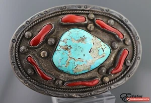 Rare Albert Platero Navajo Coral Turquoise Silver Buckle - Picture 1 of 5