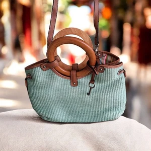Fossil Seafoam Green Woven Rattan Leather Wooden Top Handle Bag Removable Strap - Picture 1 of 11