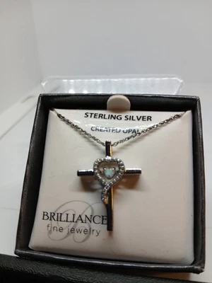 Sterling Silver Created Opal Necklace Brilliance Fine Jewelry Cross Pendant - Image 1 of 3