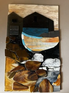 Glass Mosaic On Wood Boat House Coastal Scene Wall Art 16”x10” - Picture 1 of 12