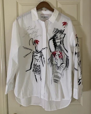 KARL LAGERFELD PARIS Women's White Sketch-Graphic Poplin Long Sleeve Shirt Large - Image 1 of 4