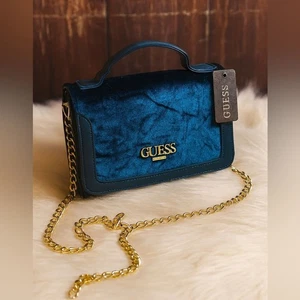 Guess Women’s Teal Velvet Jozy Crossbody Bag Gold Chain - Picture 1 of 10
