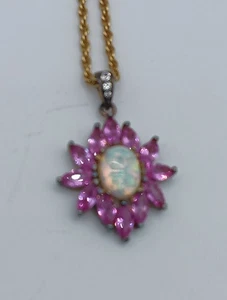 Vintage Gold über Sterlingsilber Opal & rosa & weißer Saphir Anhänger Halskette - Bild 1 von 14