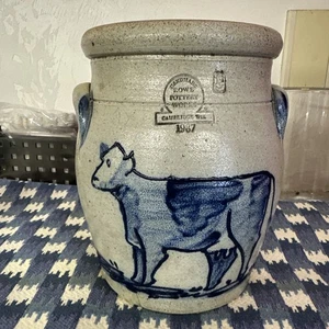 Rowe Pottery Cow  salted glaze Stoneware Blue Country farm 1987 Utensil Holder - Picture 1 of 8