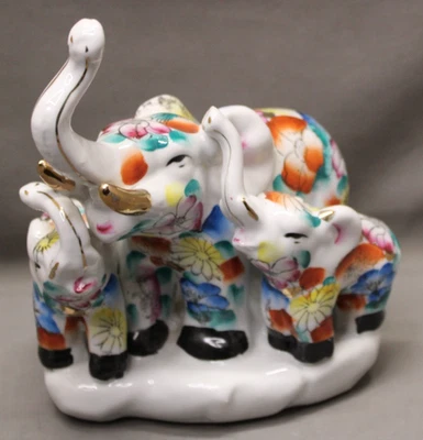 Estatuilla familiar elefante de porcelana pintada a mano - Diseño floral colorido con dorado Foto 1 de 4
