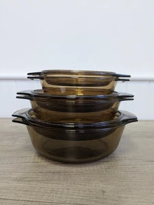 Set Of 3 Pyrex Dishes Cornings Casserole Amber Brown Glass Lids Vision - Kitchen - Picture 1 of 16