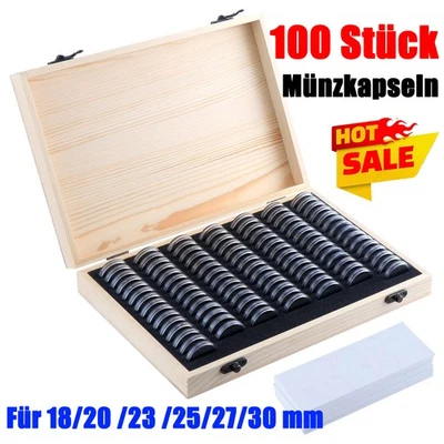 Münzhalter Holz Münzen Aufbewahrungsbox Organizer mit 100x Runden Münzkapseln - Bild 1 von 4