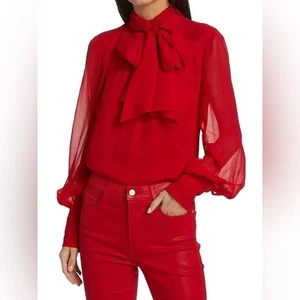 FRAME 100% SILK Long Sleeve Bow Blouse Top in Red - Large - Bild 1 von 14