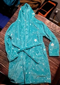 Girls Hooded Bath Robe Size 11/12 Teal With Star Design Previously Owned - Picture 1 of 5